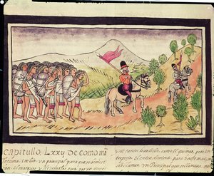 Fol.204v De Totonac-indianen helpen de conquistadores bij het vervoeren van materialen, 1579 door Diego Duran