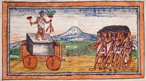 De Azteken vervoeren stenen om hun steden te bouwen, aquarel uit de Geschiedenis van de Indiën door Diego Duran