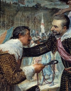 Overgave van Breda. Aan het einde van het beleg van Breda: op 5 juni 1625 onderhandelde Justin de Nassau vrede met Ambrogio Spinola Doria, markies de Los Balbases, tijdens een ceremonie waar hij de sleutels overhandigde door Diego Velázquez