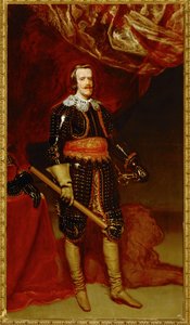 Filips IV in harnas, met een leeuw aan zijn voeten ... (schilderij op doek) door Diego Rodriguez de Silva y Velazquez