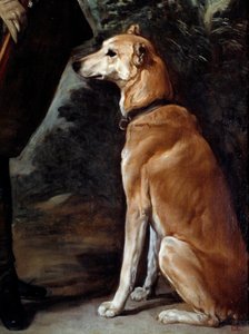 Portret van kardinaal infant Ferdinand van Oostenrijk in jachtkostuum (1609 - 1641): detail van de hond