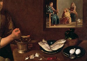 Keukenscène met Christus in het huis van Martha en Maria (detail)