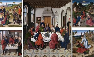 Het verzamelen van manna en Pesach (recto links), Het laatste avondmaal (midden), De ontmoeting van Abraham en Melchizedek en Elia gewekt door de engel (1 Koningen 19:5-6) (recto rechts) door Dieric Bouts