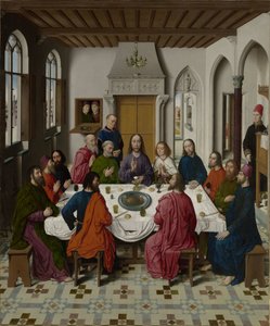 Het verzamelen van manna en Pesach (recto links), Het laatste avondmaal (midden), De ontmoeting van Abraham en Melchizedek en Elia gewekt door de engel (1 Koningen 19:5-6) (recto rechts) door Dieric Bouts