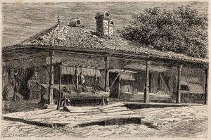Een slagerij en een bakkerij in Boekarest (Roemenië). Gravure ter illustratie van de reis van Parijs naar Boekarest door Lancelot, ontwerper, in 1860, in 