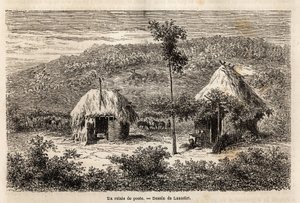 Een postrelais tussen Boekarest en Pitesti. Gravure ter illustratie van de reis van Parijs naar Boekarest (Roemenië), in 1860, door Lancelot, ontwerper, in 