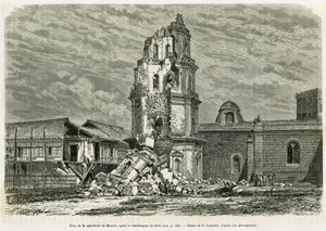 Toren van de kathedraal van Manilla, na de aardbeving op 18 juli 1880. Gravure door Lancelot ter illustratie van het verhaal Lucon en Palaouan, zes jaar in de Filippijnen, door Alfred Marche