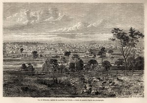 Uitzicht op Melbourne (Australië), tekening door Lancelot, ter illustratie van de herinneringen van een Franse squatter in Australië, in 1854-1859, door M. de Castella. Gravure in 
