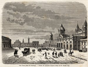 Uitzicht op een plein in Santiago (Chili). Gravure in Le tour du monde, nouveau journal des voyages. door Dieudonne Auguste Lancelot