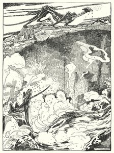 "We zagen de drakenwelpen naar het zwembad gaan om te drinken en zichzelf schoon te maken" (gravure)