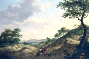 Een bebost landschap met herders en dieren op een rots