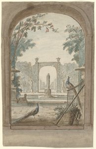 Ontwerp voor een kamerbeschildering met gezicht door een hek op een tuin, pauwen en tuingereedschap door Dionys van Nijmegen (possibly)
