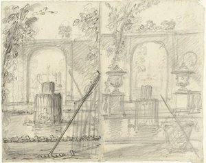 Twee ontwerpen voor een tuingezicht met fontein en tuingereedschap op de voorgrond door Dionys van Nijmegen (possibly)
