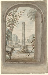 Ontwerp voor een kamerbeschildering met gezicht door een openstaande deur in een tuin met fontein