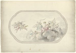 Ontwerp voor een plafondschildering met musicerende vrouwen en putti met bloemenmand als allegorie op Blijdschap
