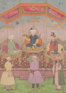 Mughal Keizer Babur en zijn zoon, Humayun, Indiase miniatuur uit Rajasthan, 16e eeuw door Dip Chand