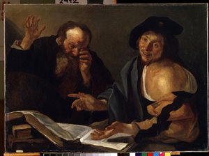 Heraclitus en Democritus door Dirck Baburen van