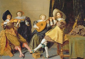 Een elegant gezelschap dat muziek speelt in een interieur