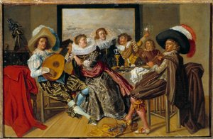 Galante ontmoeting: muzikanten en jonge vrouwen die muziek maken en hun glazen heffen op een feest