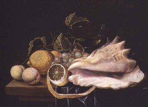 Stilleven met Strombus schelp en fruit
