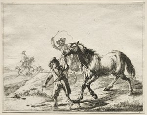 Een jongen die een paard laat drinken