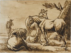 Paarden, geit en een man door Dirck Stoop