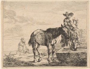 Twee Paarden Drinken bij een Trog door Dirck Stoop