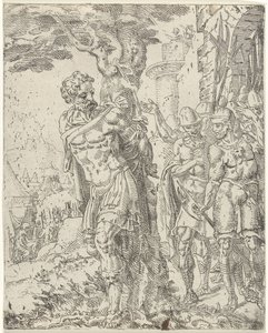 Achior vastgebonden aan een boom door Dirck Volckertsz. Coornhert (attributed to)