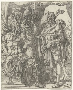 Achior vertelt Holofernes over de Israëlieten door Dirck Volckertsz. Coornhert (attributed to)