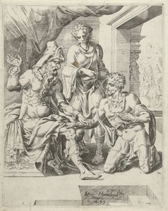 Eliëzer belooft dat hij een vrouw voor Isaak zal vinden door Dirck Volckertsz. Coornhert (attributed to)