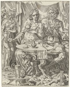 Judit en Holofernes genieten van een feestmaal door Dirck Volckertsz. Coornhert (attributed to)