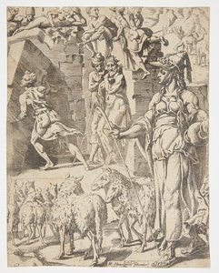 Jakob rolt de steen van de mond van de put door Dirck Volckertsz. Coornhert