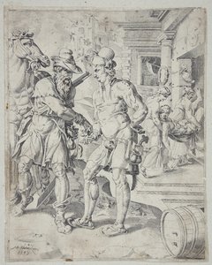 De Samaritaan betaalt de herbergier voor de zorg voor de gewonde man door Dirck Volckertsz. Coornhert