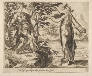 Degene aan Wie Fortuna Speelt Zal Vrolijk Dansen uit Zes Spreuken over Fortuna, ca. 1560 door Dirck Volkertsen Coornhert