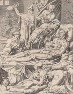 De Rijke Man op Zijn Sterfbed, uit De Parabel van Lazarus en de Rijke Man, plaat 2, 1551 door Dirck Volkertsen Coornhert