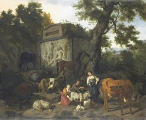 Landschap met herders en vee bij een graf