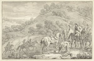Berglandschap met een afgestegen ruiter en andere jagers te paard