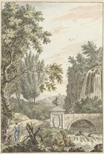 Arcadisch boslandschap met een waterval, een brug en drie jongemannen door Dirk Versteegh