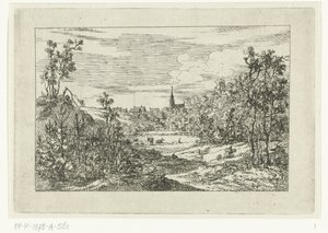 Duinlandschap en gezicht op huizen en kerk van Scheveningen door Dirk Vis Blokhuyzen
