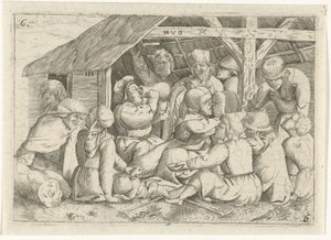 Bedelaars bij een maaltijd in een hut door Dirk van Hoogstraten