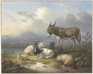 Landschap met ezel, geit en schapen door Dirk van Oosterhoudt