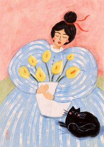 Vrouw met bloemen en een kat
