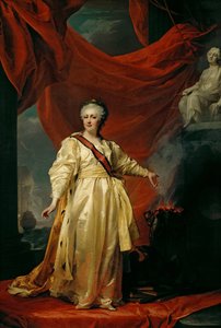 Portret van Catharina II de Wetgeefster in de Tempel toegewijd aan de Godin van Justitie, begin 1780s