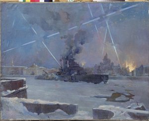 De zware artillerie op de Neva in Leningrad (Sint-Petersburg, Rusland) in 1942. (Een slagschip op de bevroren rivier verdedigt de brandende stad tegen luchtaanvallen tijdens het beleg van Leningrad). Episode uit de Tweede Wereldoorlog (1939-1945) door Dmitri Nikiforovich Martynov