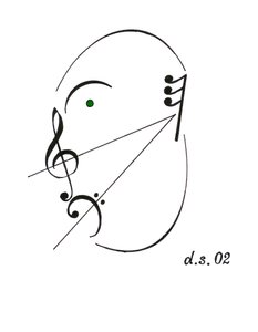 Diminuendo gezicht - een zingend gezicht getekend met het muzikale symbool voor diminuendo en verschillende andere muzikale notaties