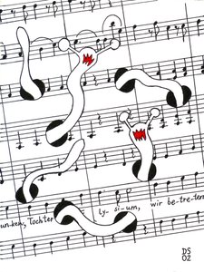 Feest van Vreugde - tekening van een muziekpartituur met wormen die zich door de pagina heen eten
