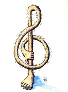 Hairy treble clef - een treble clef getekend als een been met een hand die het vasthoudt