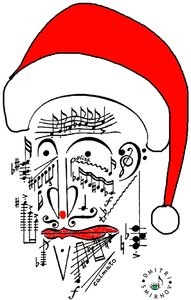 Muzikale Kerstman - het hoofd van de Kerstman - de Kerstman getekend met muzieknotatie en met een rode muts op