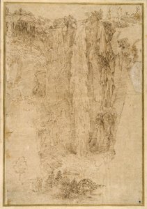 Landschap met een waterval; aan de voet, twee mannen, een te paard