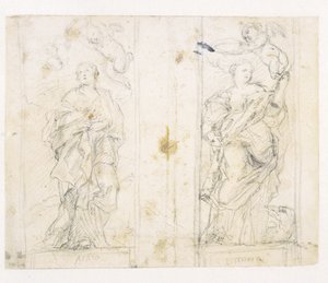 Twee nissen met staande figuren van de heiligen Agatha en Margaretha gekroond door putti